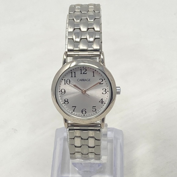 Carriage Easy Reader Watch Women 28mm Silver Tone Matte Stretch Band New Battery - Picture 3 of 14